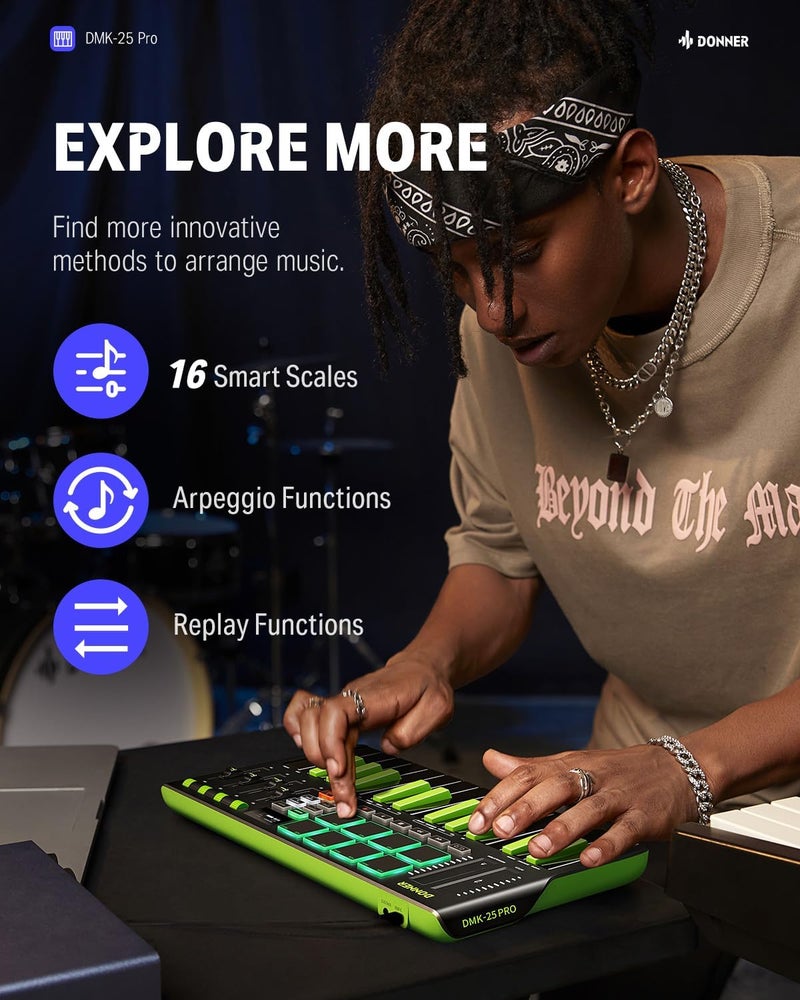 Donner DMK25 برو وحدة تحكم لوحة مفاتيح MIDI، 25 مفتاح مصغر محمول USB-C مع 8 وسادات طبول، شاشة OLED، شريط لمسي مخصص، برنامج إنتاج موسيقي و 40 دورة تعليمية، أخضر - Image 3